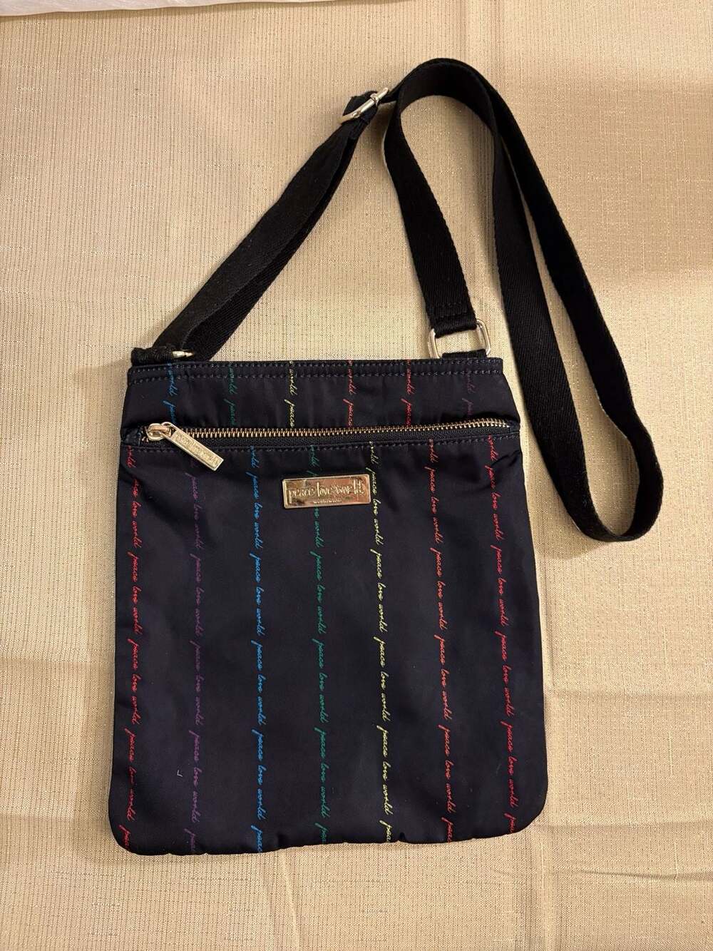 Peace Love World Nylon Crossbody Bag with Rainbow Lettering Pattern